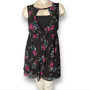 TORRID Black Pink Floral Lace Cutout Overlay Mini Chiffon Georgette Dress